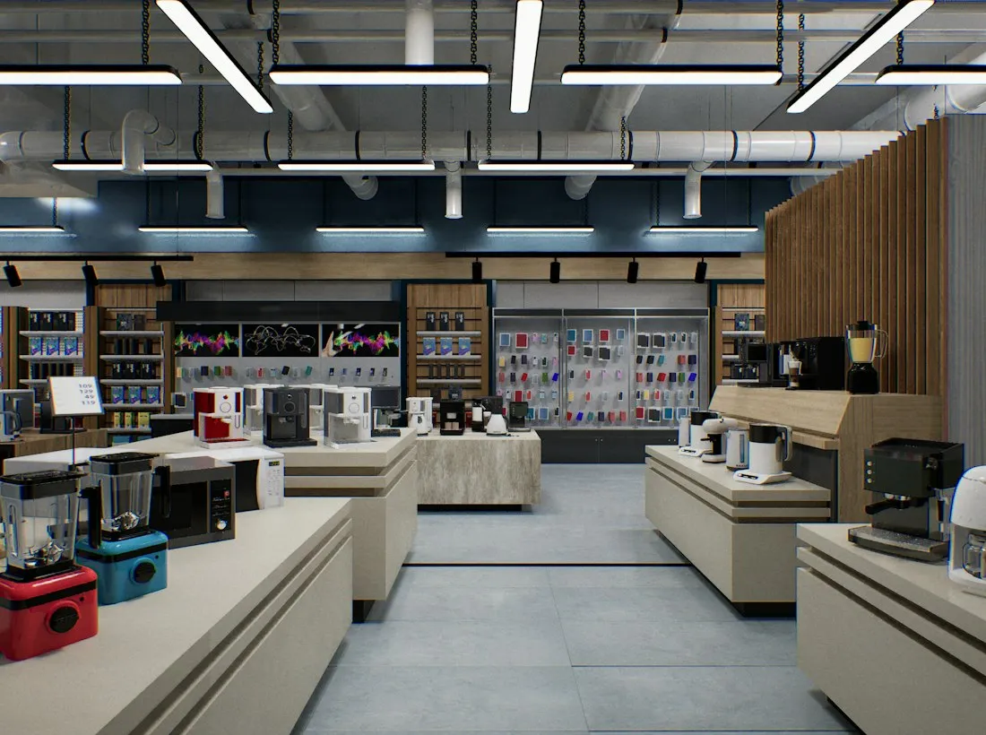 Rayons d'un magasin d'électroménager et d'électronique